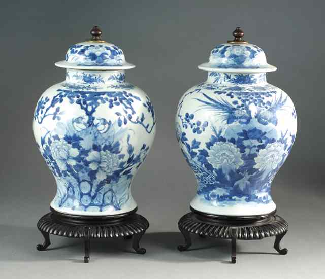 Appraisal: PAIR BLUE AND WHITE CHINESE PORCELAIN COVERED JARS Hand painted