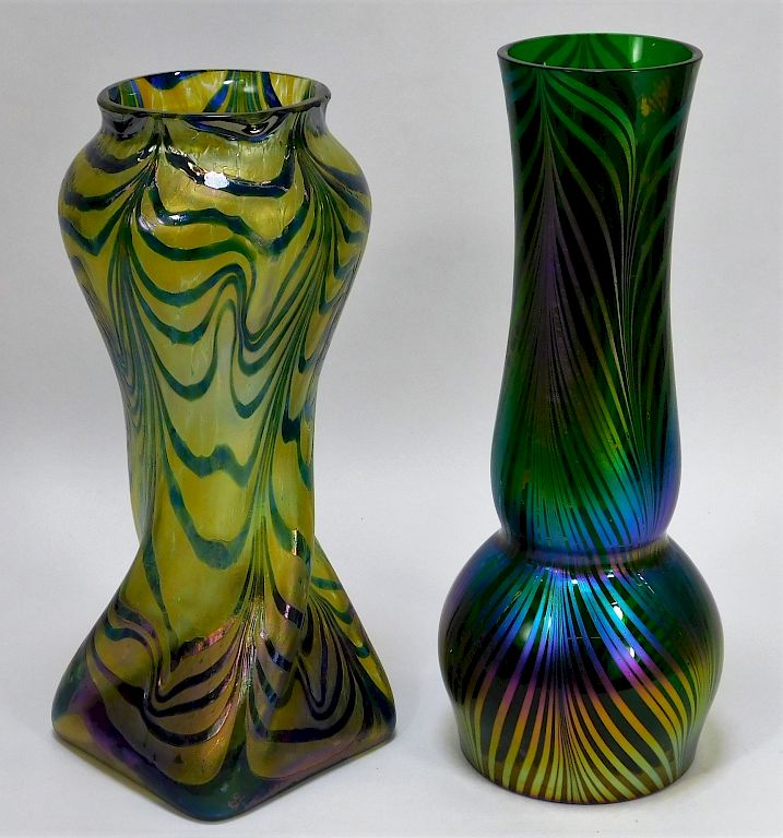 Appraisal: Iridescent Oil Spill Bohemian Art Glass Vases Bohemia th Century