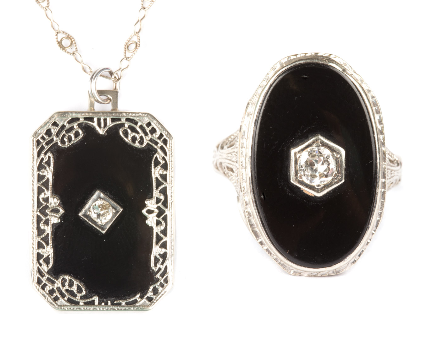 Appraisal: A Victorian Diamond Onyx Ring and Necklace ring designed as