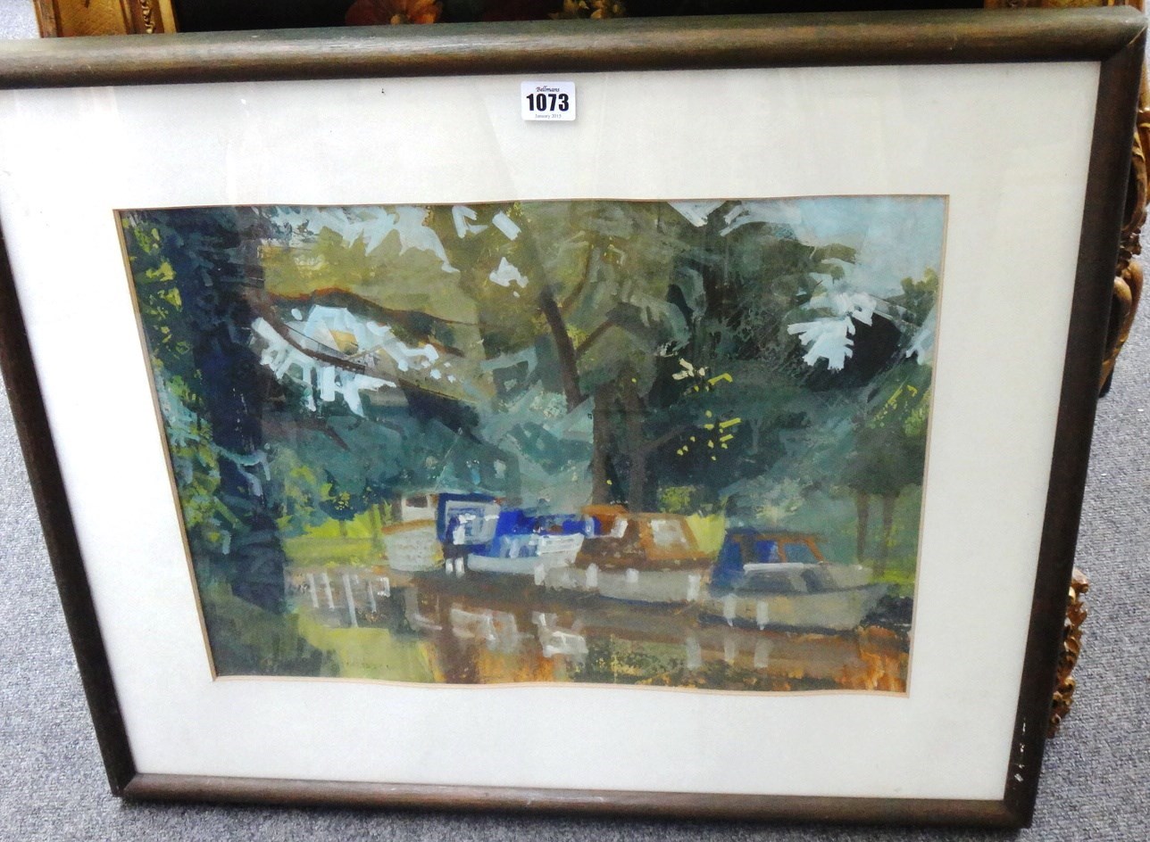 Appraisal: Samuel Dodwell - Moored boats on the river gouache signed