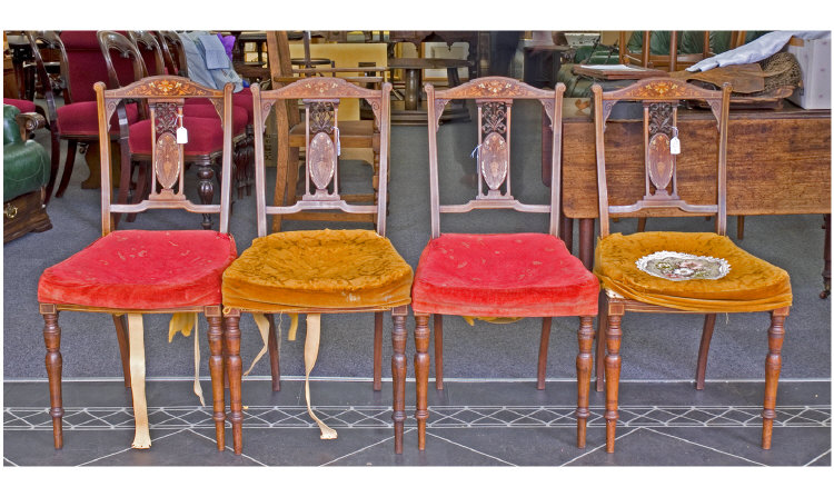 Appraisal: Set Of Four Edwardian Mahogany Inlaid Dining Chairs The Carved