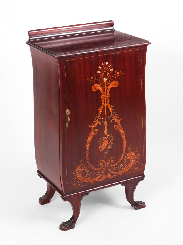 Appraisal: MARQUETRY INLAID MUSIC CABINET Shaped mahogany case marquetry inlaid front