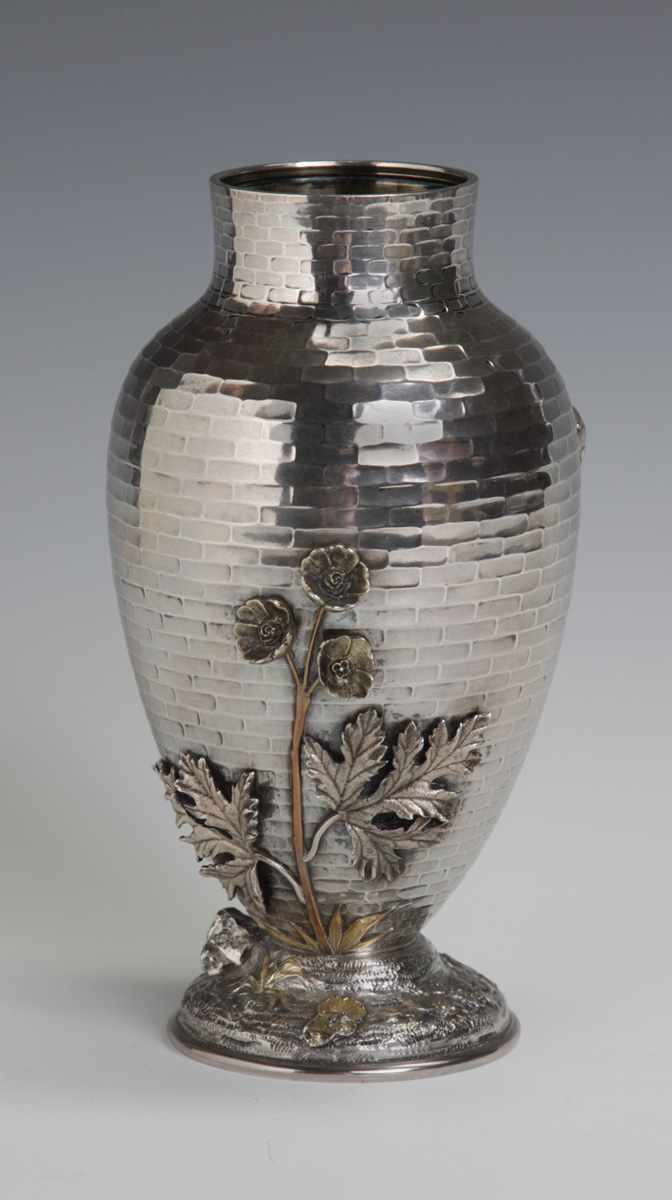 Appraisal: Whiting Sterling Mixed Metal Vase With beetle stylized flowers brick