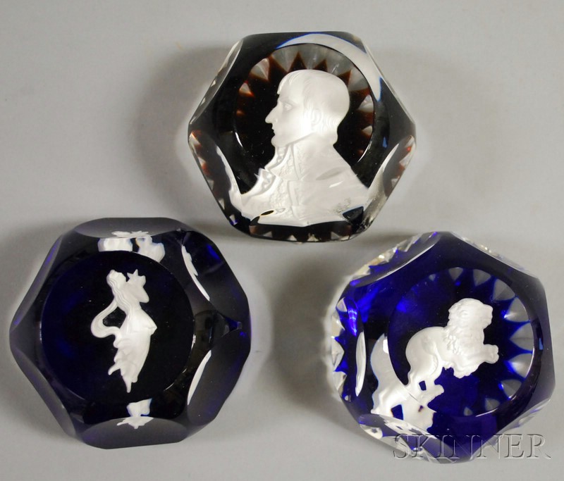 Appraisal: Three Baccarat Faceted Sulphide Art Glass Paperweights a Bonaparte a