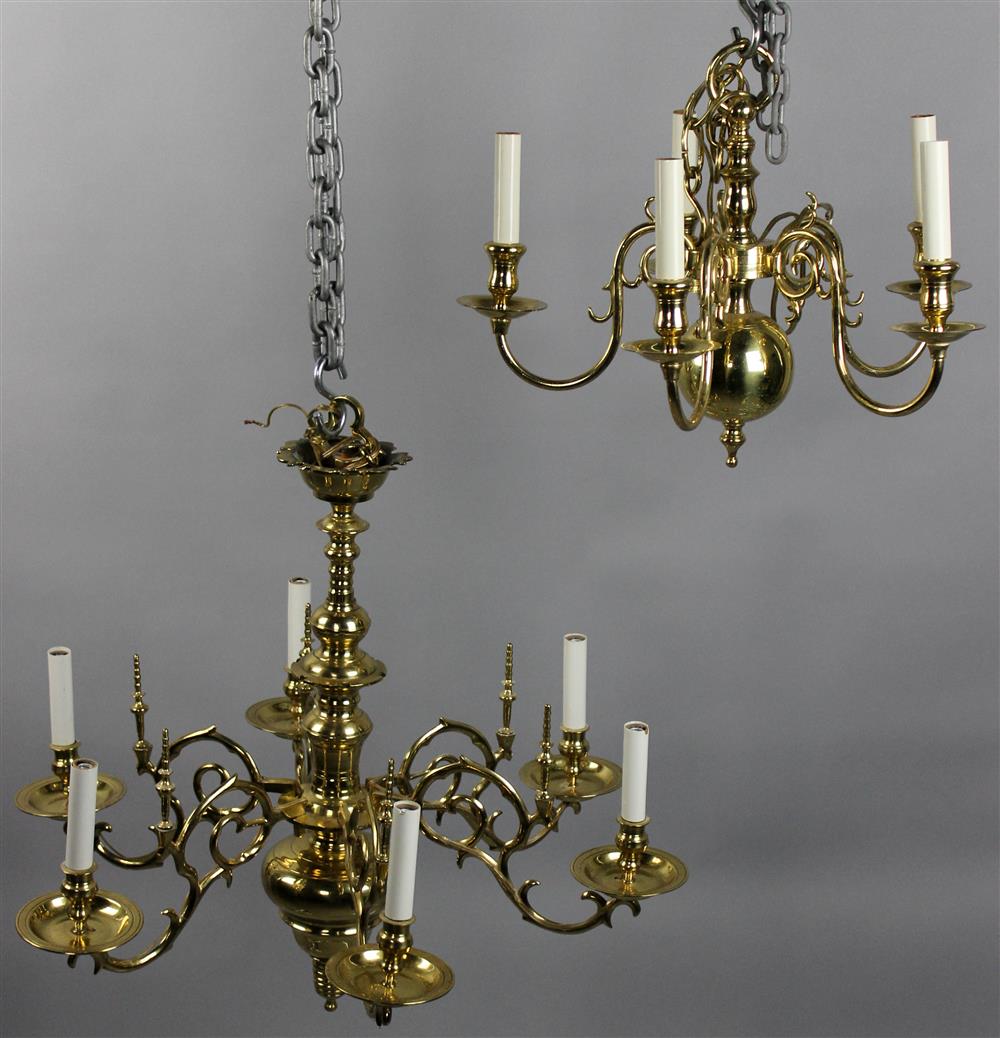 Appraisal: TWO BRASS ANGLO-DUTCH STYLE BRASS CHANDELIERS both electrified and of