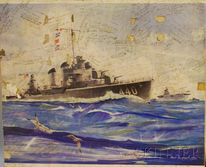 Appraisal: WWII Era Servicemen Signed and Dated Naval Ship Print unframed