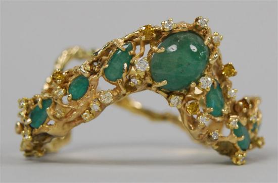 Appraisal: YELLOW GOLD EMERALD AND DIAMOND BRACELET with central oval cabochon