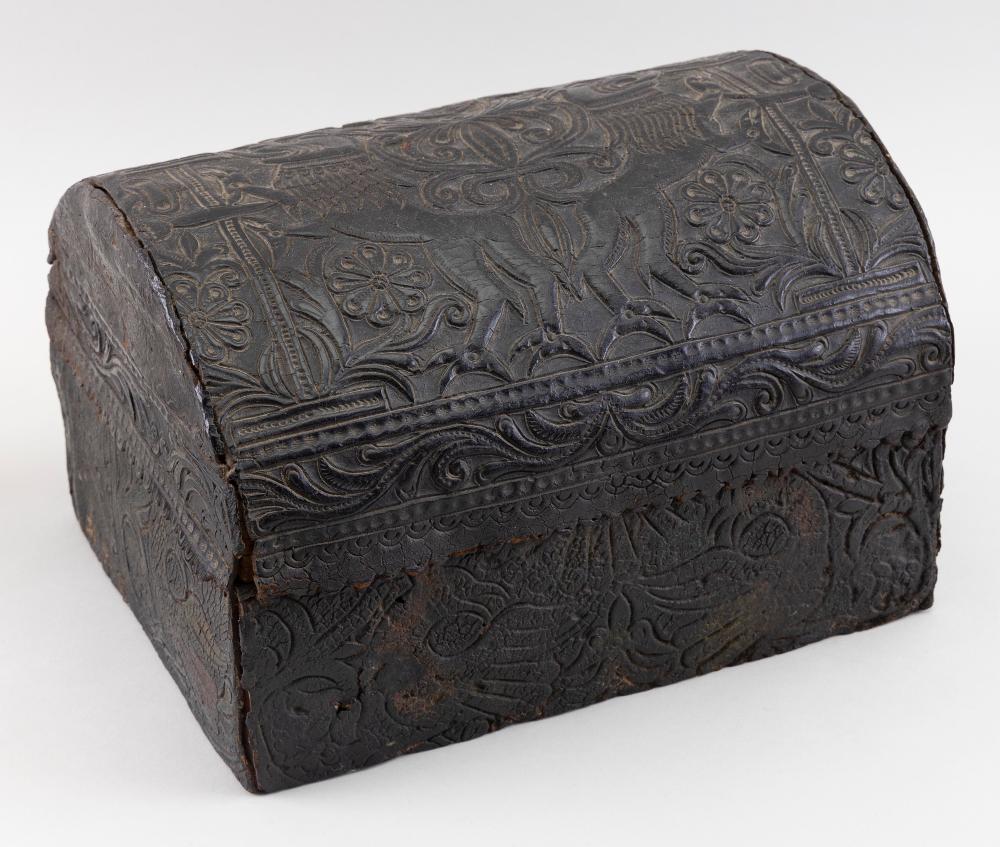 Appraisal: CONTINENTAL HAND-TOOLED LEATHER-COVERED DOME-TOP BOX PROBABLY SPAIN TH CENTURY OR