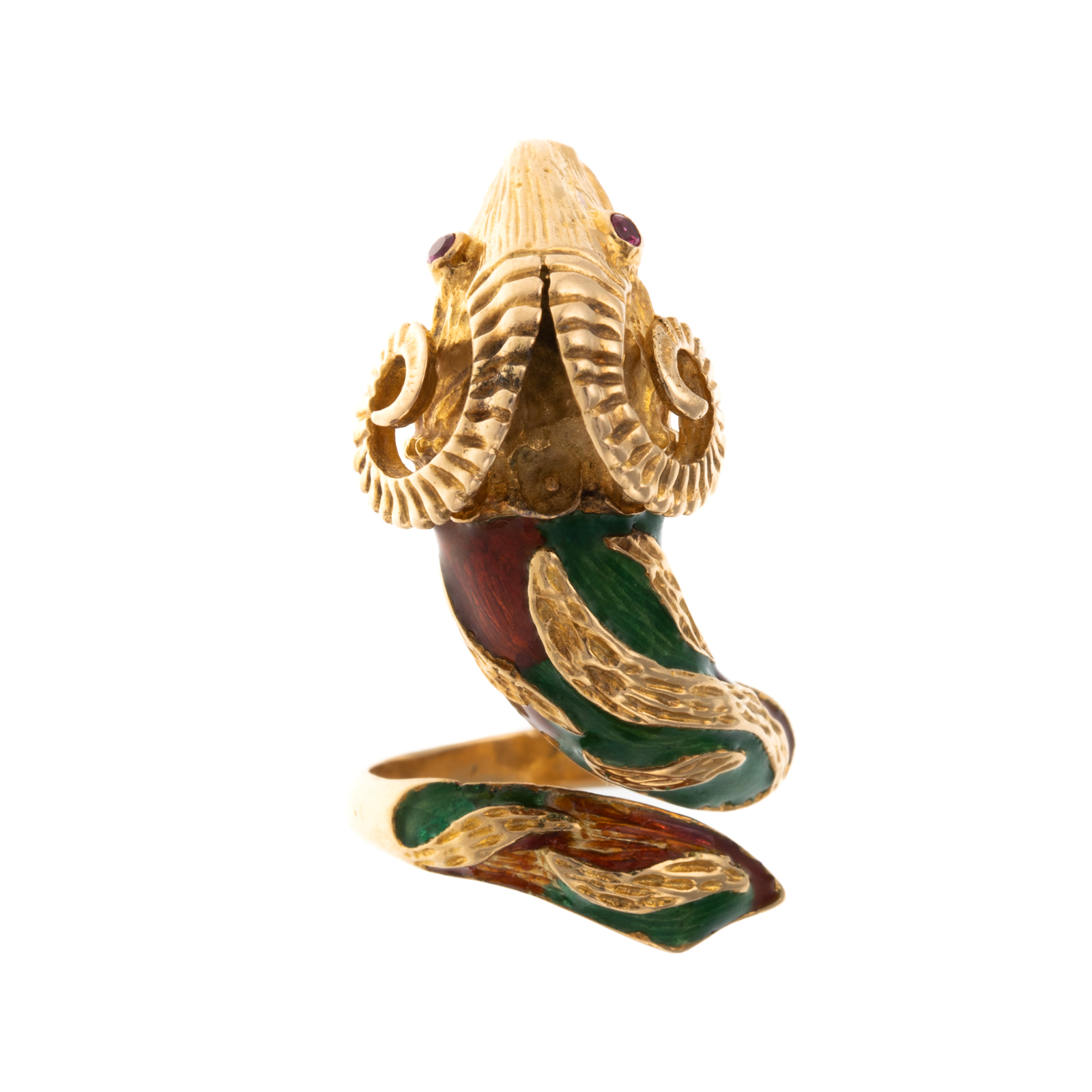 Appraisal: AN ENAMEL RAM'S HEAD RING IN K YELLOW GOLD K