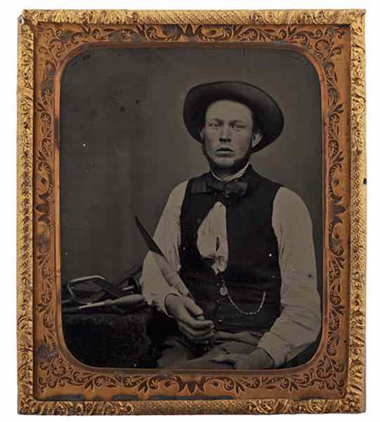 Appraisal: Carpenter Wearing Lincoln Portrait Badge Sixth Plate Occupational Ambrotype A