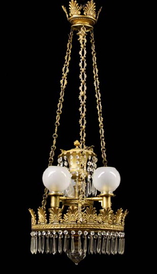 Appraisal: Rare Anglo-American Prism-Hung Gilt-Bronze and Brass Three-Light Argand Chandelier early