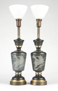 Appraisal: A pair of painted and etched glass urn Circa s