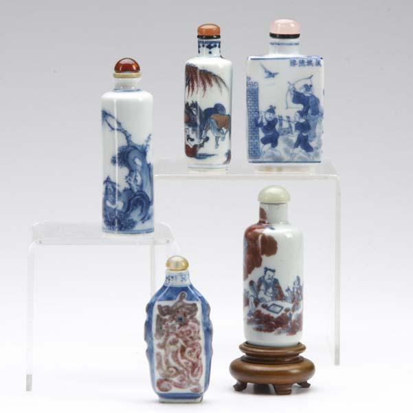 Appraisal: CHINESE PORCELAIN SNUFF BOTTLES Five bottles including three with underglaze