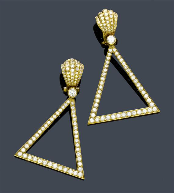 Appraisal: GOLD AND DIAMOND EAR PENDANTS Yellow gold Decorative ear clips