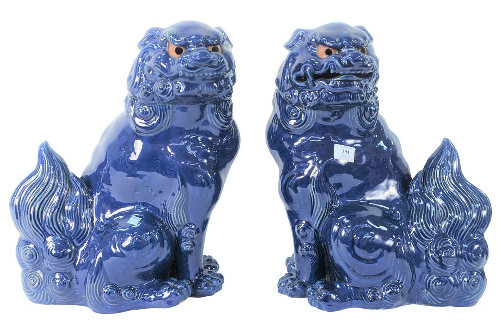 Appraisal: Pair of Large Pottery Blue Glazed Foo Lions height inches