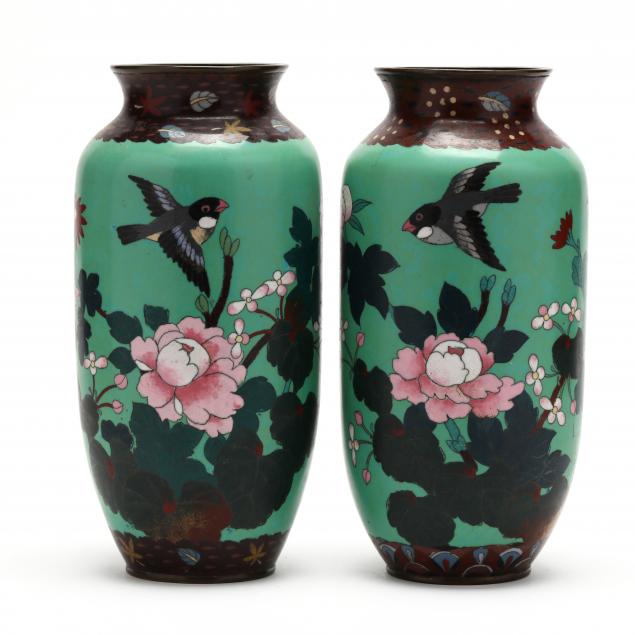 Appraisal: A PAIR OF ASIAN BIRD AND FLOWER CLOISONNNE VASES th