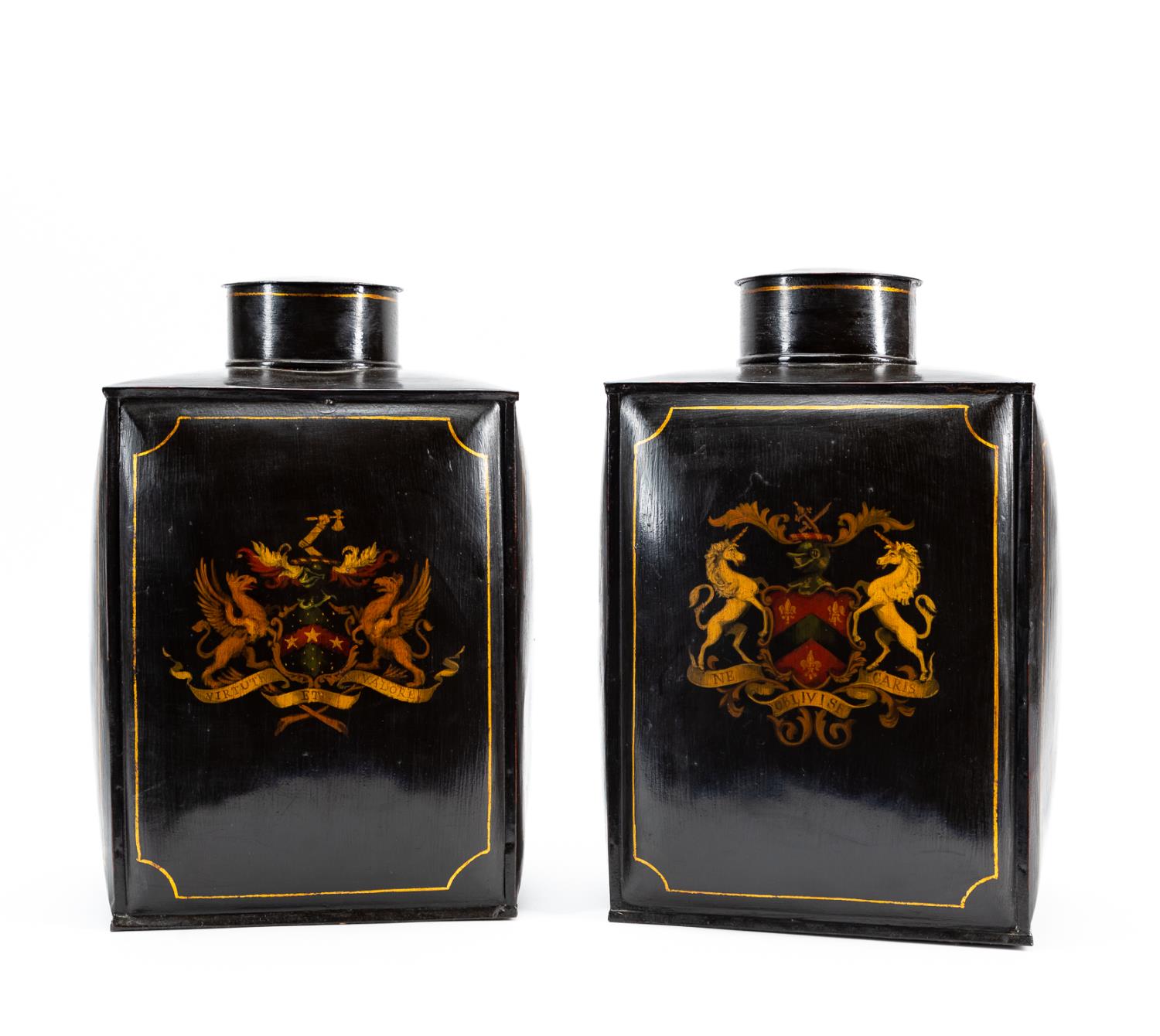 Appraisal: PR OF BLACK TOLE ARMORIAL DECORATED TEA CANISTERS Possibly British