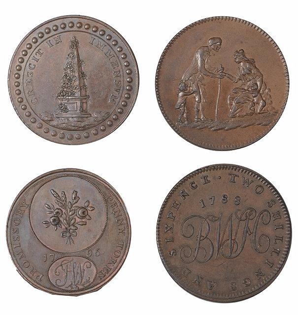 Appraisal: TWO BIRMINGHAM TOKENS Obelisk penny D H and D H