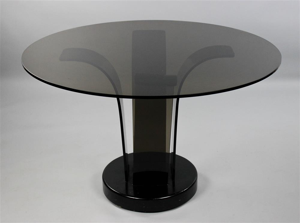 Appraisal: AMERICAN S BLACK LACQUER AND SMOKED GLASS CENTER TABLE circular