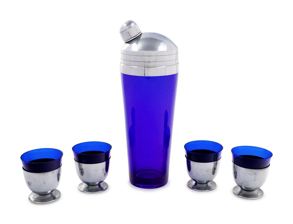 Appraisal: A Five-Piece Cobalt Blue Glass and Silver Cocktail Set A