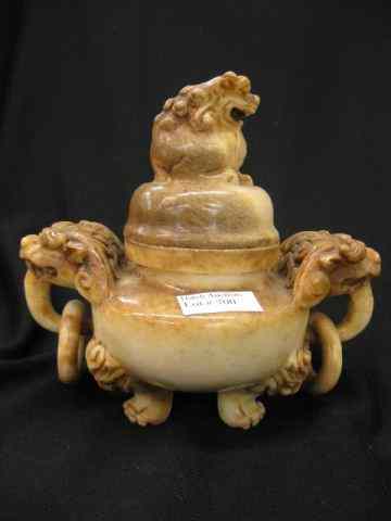 Appraisal: Chinese Carved Jade Censor ivory to brown tri-footed foo dog