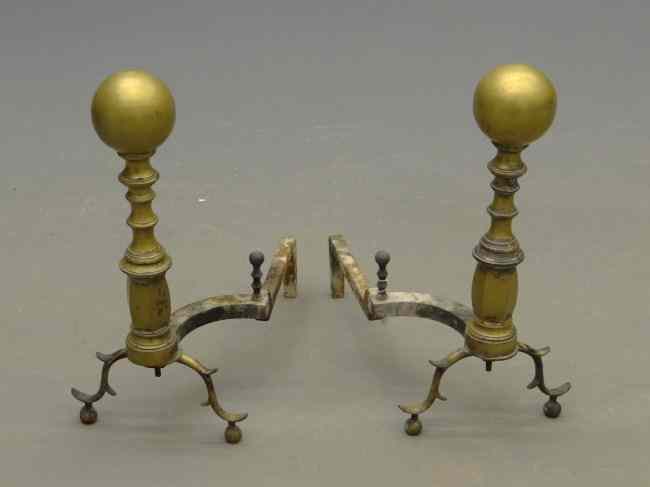 Appraisal: Pair th c brass balltop andirons '' Ht