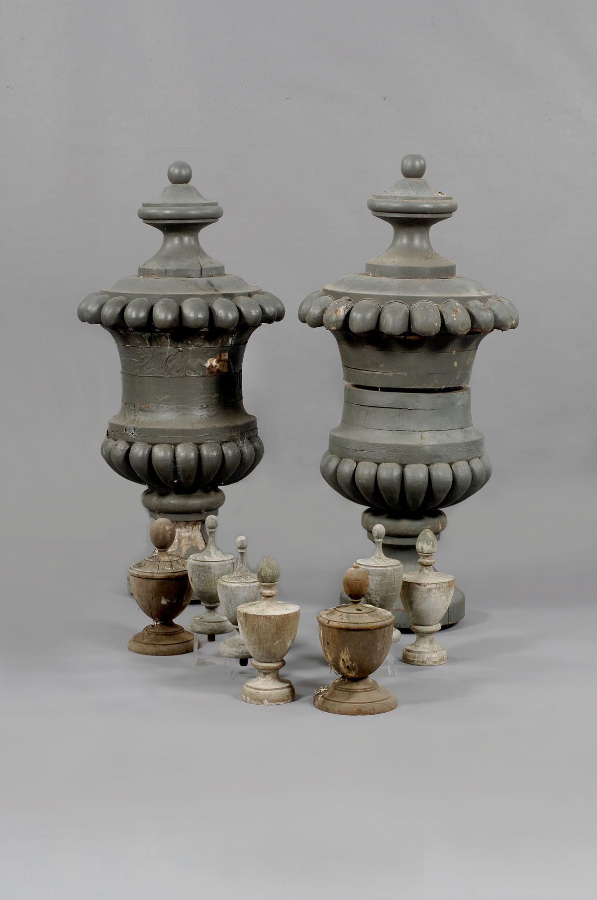 Appraisal: SEVEN GRAY PAINTED URN-FORM FINIALS Height of tallest inches