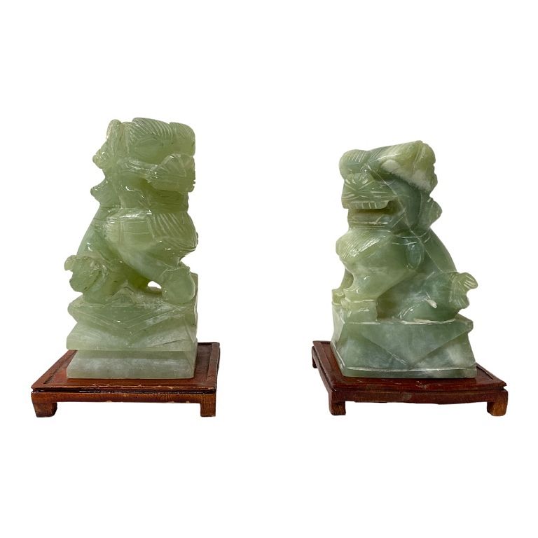 Appraisal: Pair of Chinese Jade Foo Dogs on Wooden Stands Pair