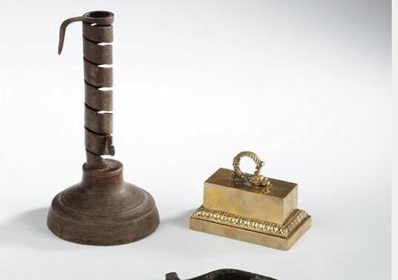 Appraisal: FRENCH BRASS DESK STANDISH CIRCA Fitted with a removeable inkwell