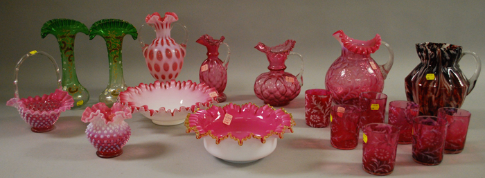 Appraisal: Eighteen Pieces of Late Victorian Ruffle-edge Mostly Cranberry Art Glass