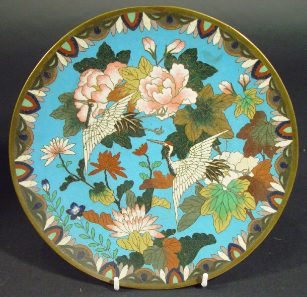 Appraisal: Oriental cloisonn plate enamelled with cranes and peony trees onto