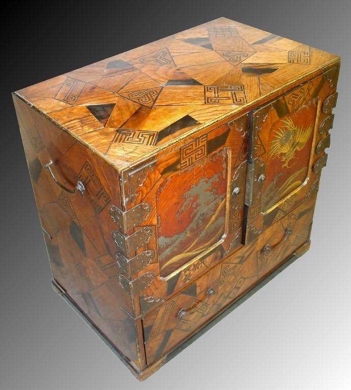 Appraisal: Decorative th century Japanese parquetry table cabinet inlaid with various