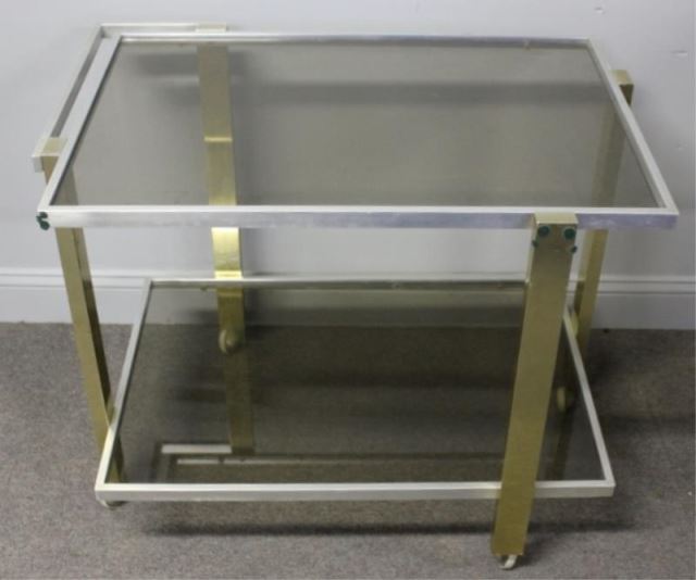 Appraisal: Midcentury Brass and Smoke Glass Tea Cart From a Great