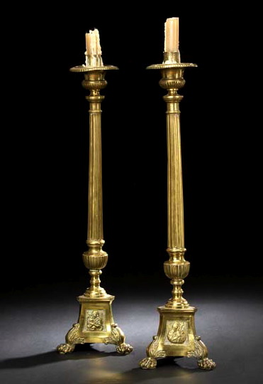 Appraisal: Tall Pair of French Gilt-Brass Tripodal Columnar Altar Candlesticks in