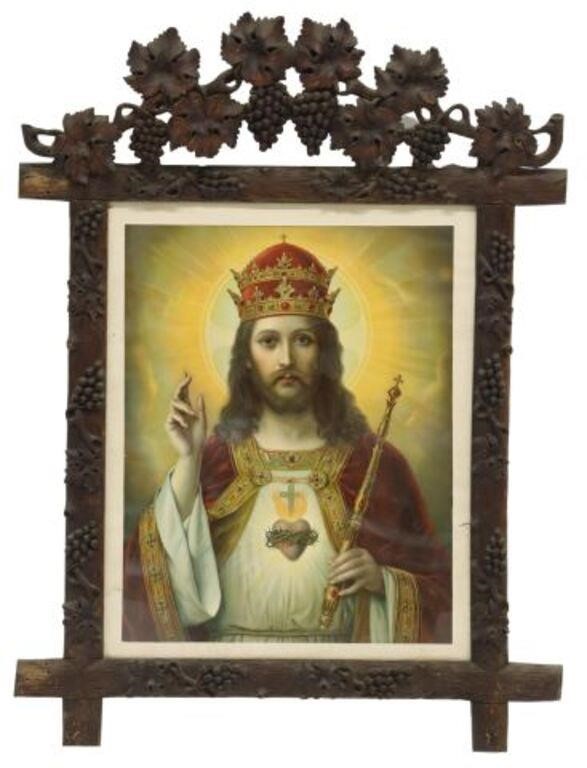 Appraisal: Framed chromolithograph on paper Christ the King carved wood frame