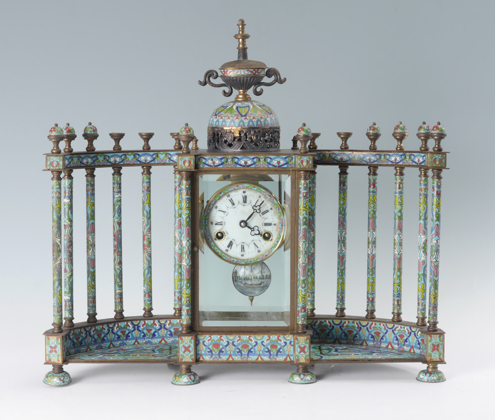 Appraisal: LARGE CHINESE CLOISONNE MANTLE CLOCK Elaborate case with urn finial