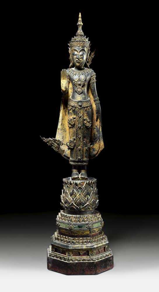 Appraisal: STANDING BUDDHA Thailand th century H cm Wood with remains