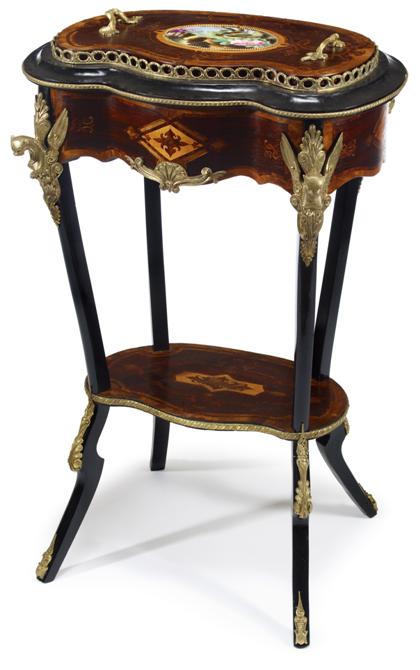 Appraisal: French rosewood marquetry inlaid ebonised bronze and porcelain mounted jardiniere