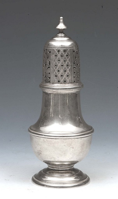 Appraisal: A GEORGIAN STYLE SILVER CASTER of baluster form on pedestal