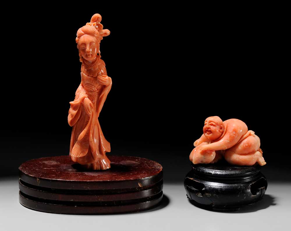 Appraisal: Two Coral Figures Chinese Guanyin carved following the natural form