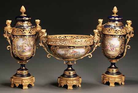 Appraisal: S vres-Type Ormolu Mounted Three-Piece Garniture Late th Century Consisting