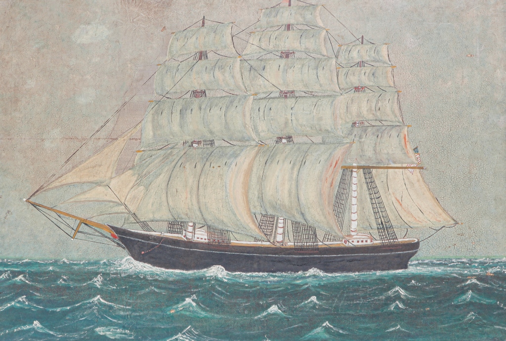 Appraisal: FOLKSY AMERICAN SHIP AT SEA Mid th century Oil on