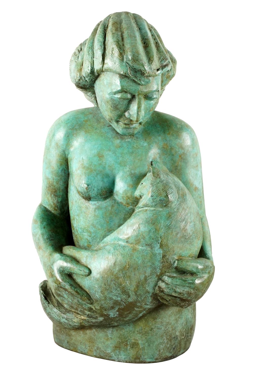 Appraisal: BARBARA BERETICH - WOMAN CAT bronze with verdigris patina signed