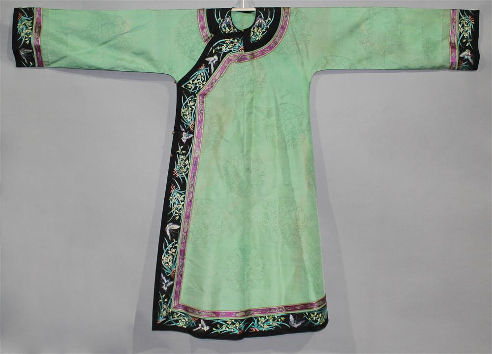 Appraisal: CHINESE SEA GREEN MANCHU STYLE ROBE TWO SKIRTS AND TWO