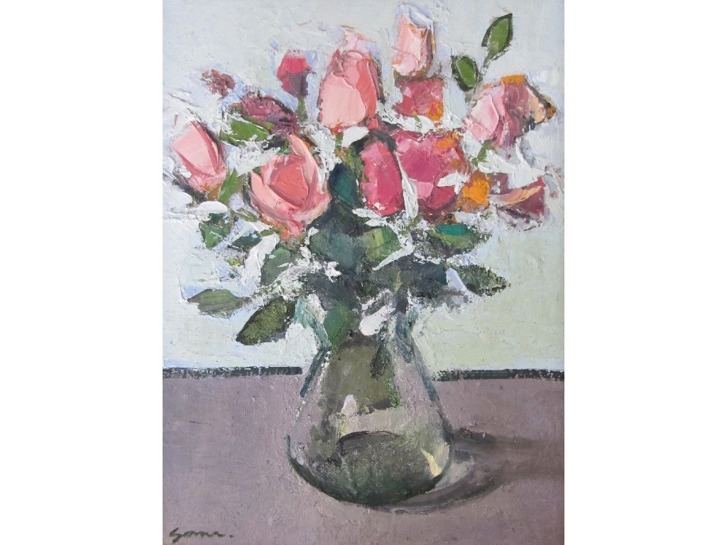 Appraisal: DES GORMAN b Oil on gesso 'Roses' signed recto and