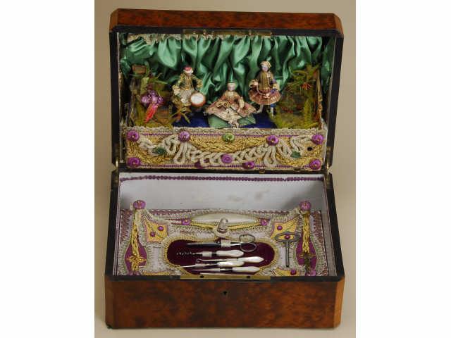 Appraisal: Extraordinary Musical Automaton Dresser Box France ca an elaborately inlaid