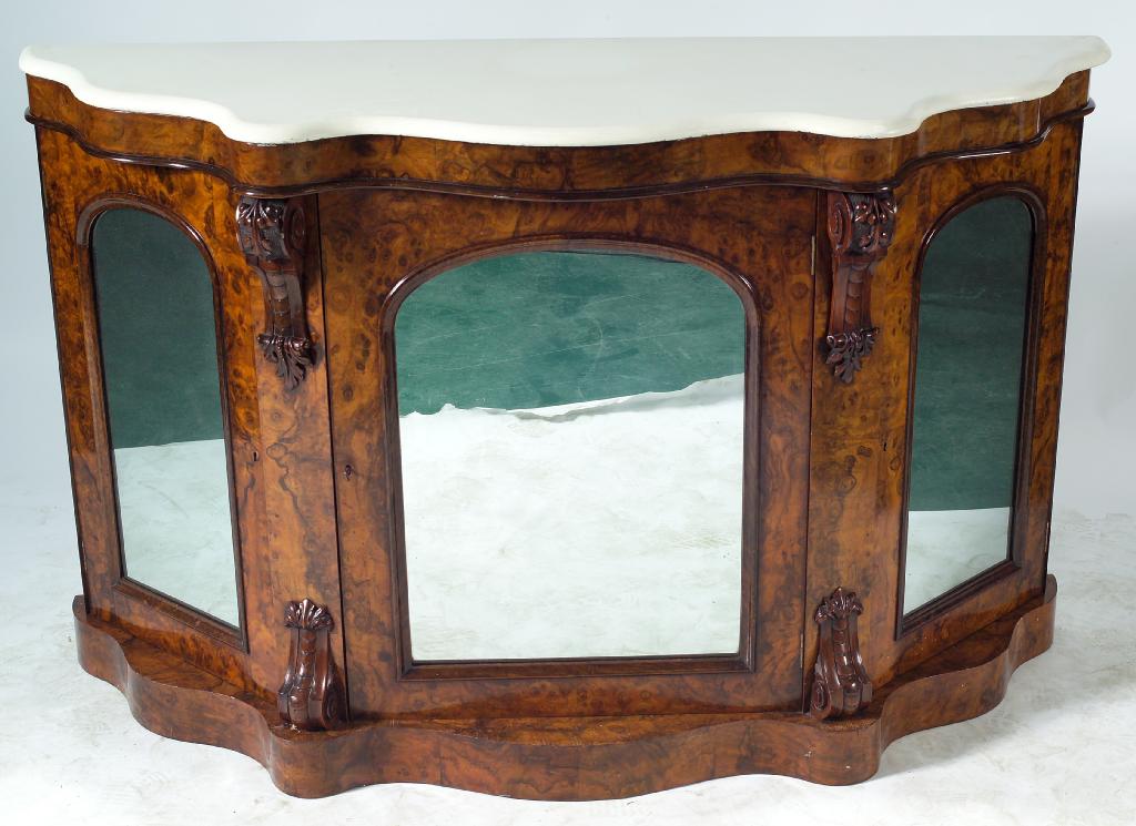 Appraisal: VICTORIAN BURR WALNUT CREDENZA c the serpentine marble top now