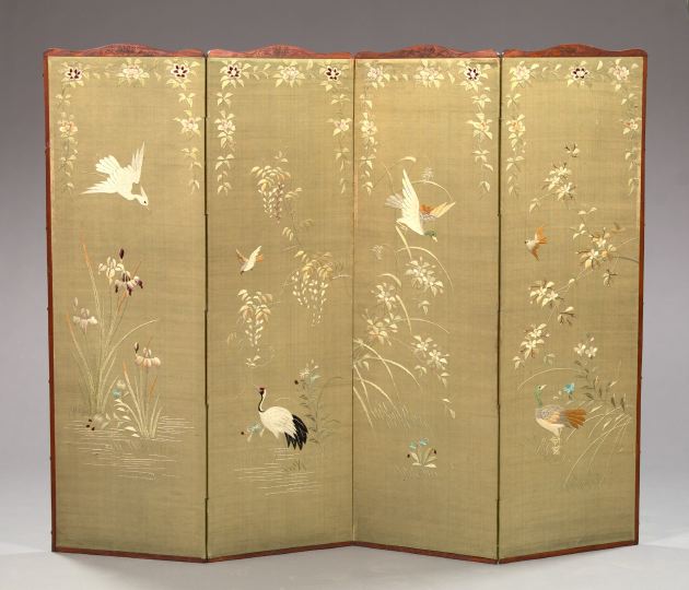 Appraisal: Good Japanese Meiji Embroidered Silk Folding Screen first quarter th