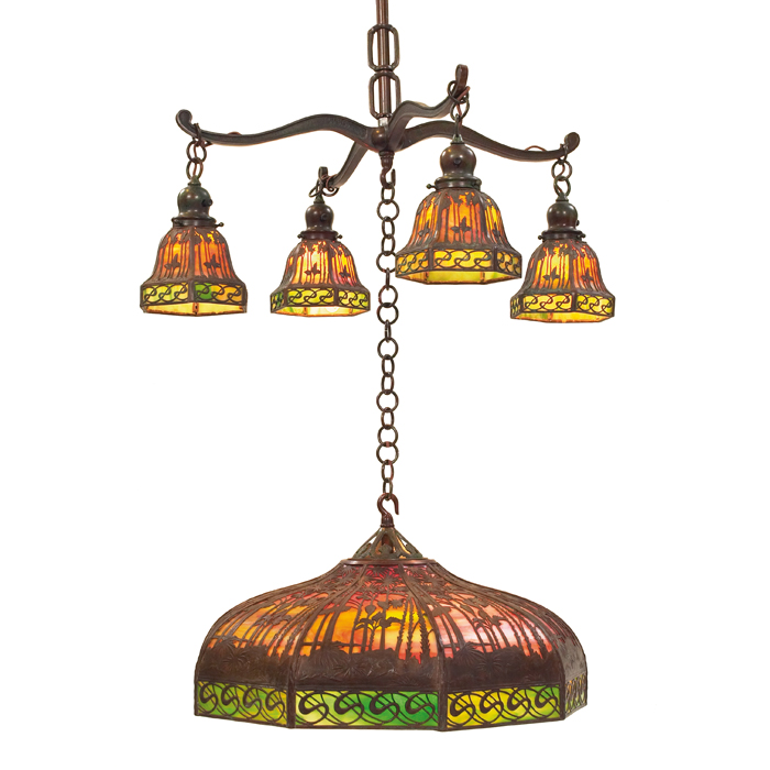 Appraisal: Handel hanging fixture four small lanterns surround one large all