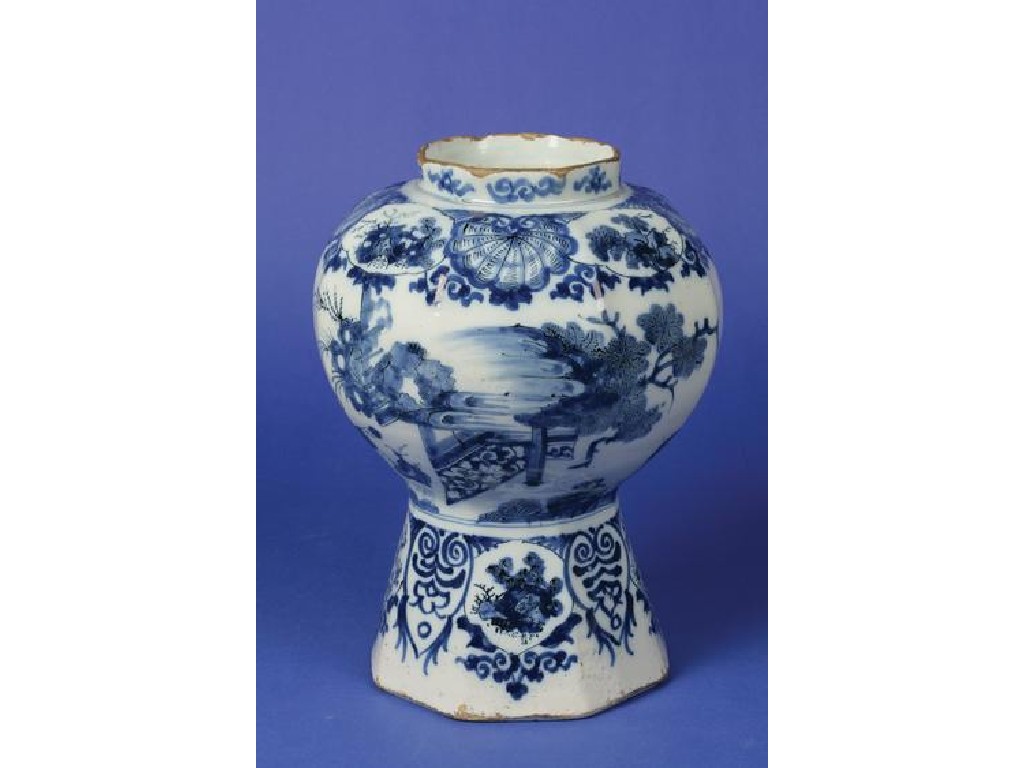 Appraisal: A DELFTWARE BLUE AND WHITE VASE of octagonal baluster form